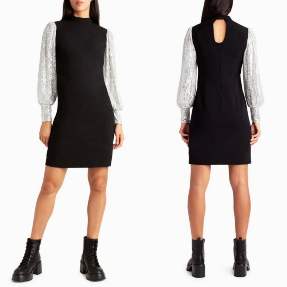 🆕️⬇️Nicole Miller Black Stretch Crepe Camille Dress With Sequin Puff Sleeves
